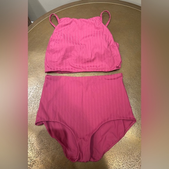 Lululemon Pink Ribbed Swim High Neck Long Line Top And High-waist Full Bottom, M - Picture 1 of 13
